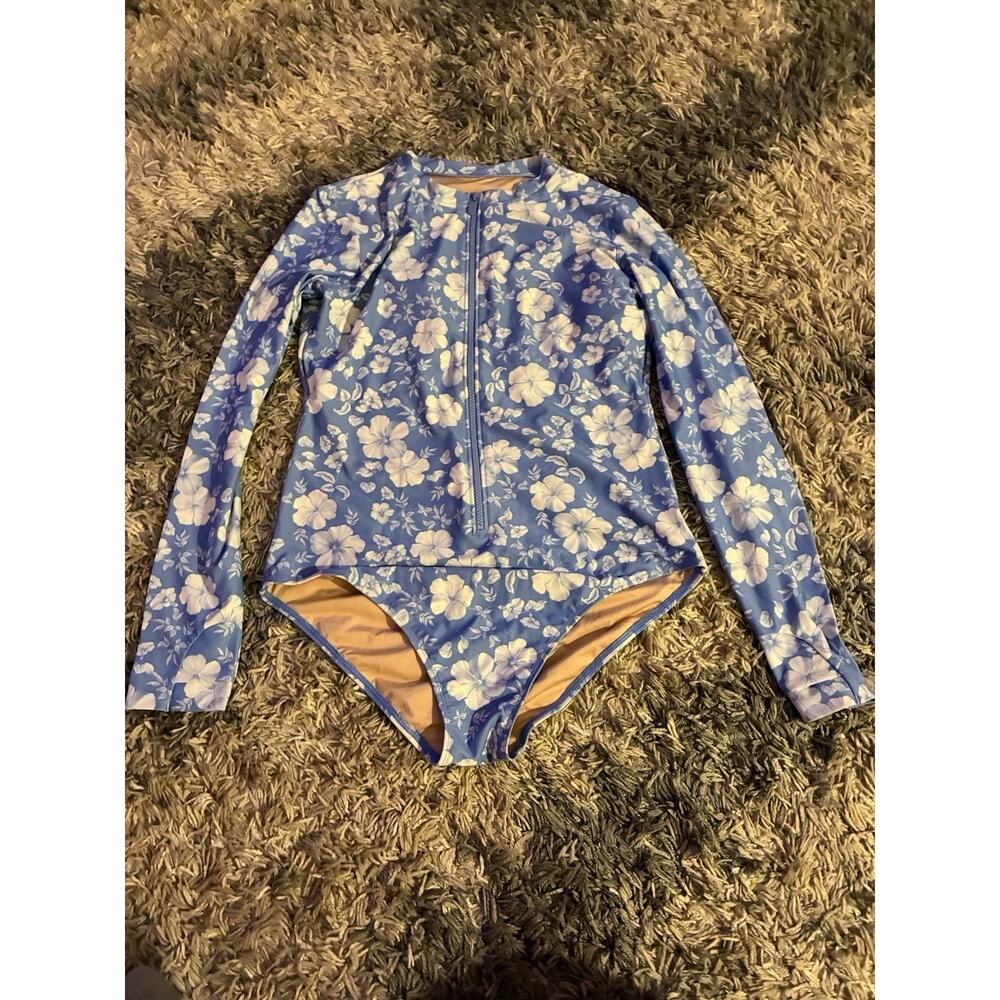Solbari swimsuit one piece long sleeve blue with white flowers size small UPF50+